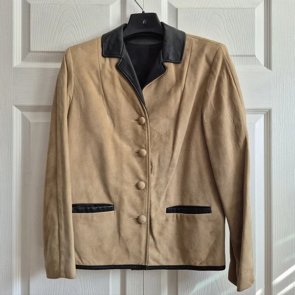 VTG Buckskin Blazer Jacket Genuine Suede Leather Womens Sz 8 Black Trim - Picture 1 of 10